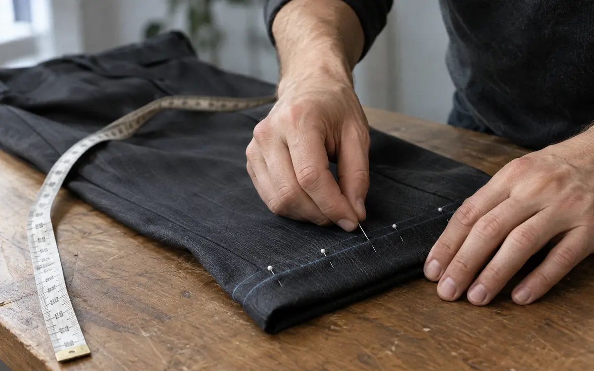 Bajo de un pantalón de lana marcado con alfileres sobre la mesa, junto a una cinta métrica