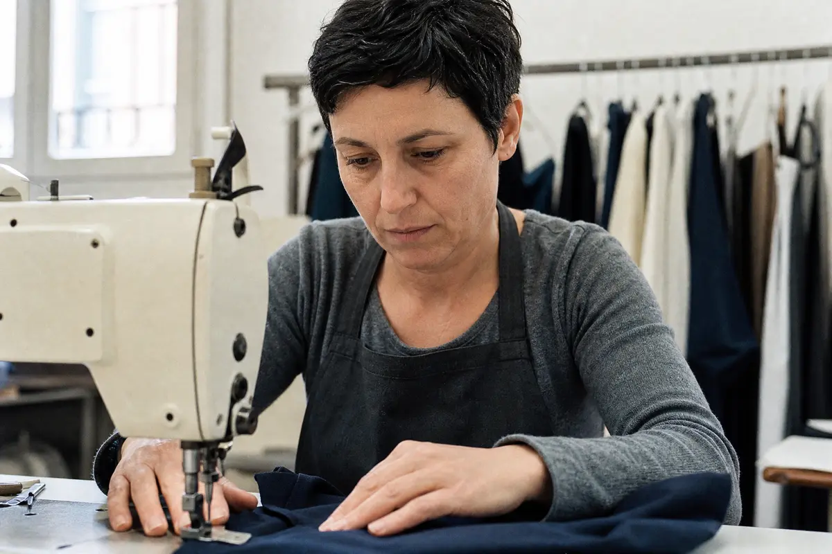 Costurera del taller cosiendo a máquina una pieza de tela azul marino
