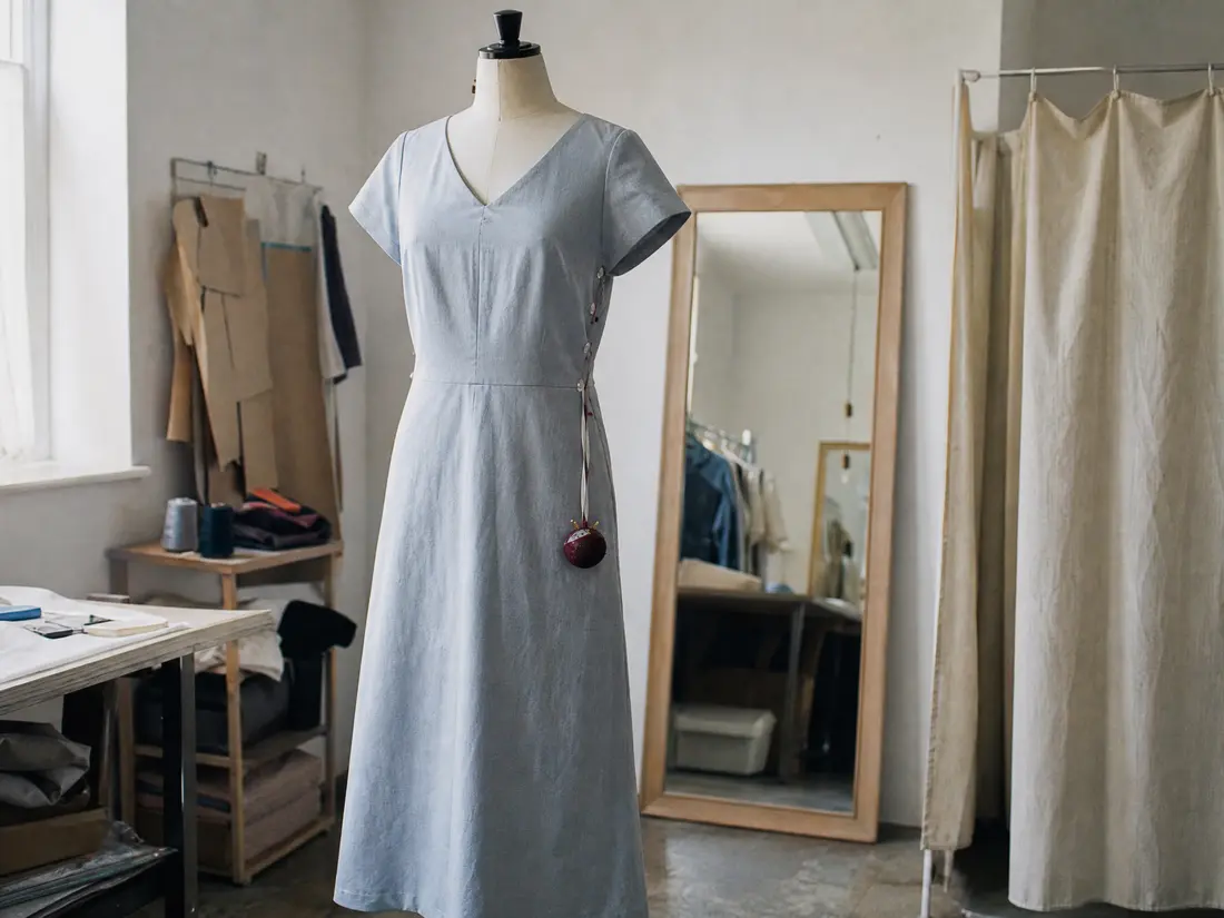 Vestido de ceremonia azul claro en un maniquí del probador, junto a un espejo de pie
